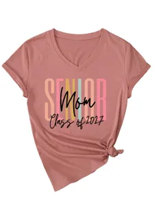 T-Shirt Femme Col V Manches Courtes Imprimé Lettre Casual Top élégant avec Ourlet Noué