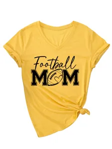 Γυναικείο κίτρινο T-shirt V-neck κοντομάνικο με σχέδιο football mom casual τοπ