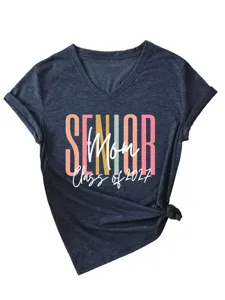 T-shirt femme manches courtes col V avec impression graphique senior mom 2027 top