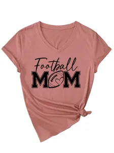 Γυναικείο Casual T-Shirt Football Mama V-Neck Κοντομάνικο με Κόμπο Μπλούζα Top Style
