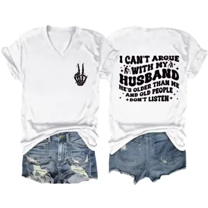 Women V-Neck Short Sleeve T-Shirt Funny Letter Print Casual White Tee Tops for Summer