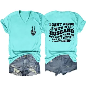 Women casual V-neck short sleeve t-shirt with funny letter print and matching denim shorts
