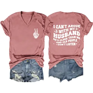 Casual V-neck short sleeve T-shirt with funny back graphic and front skeleton hand print.