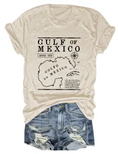 Casual dames t-shirt met ronde hals en korte mouwen met vintage Golf van Mexico kaartopdruk.