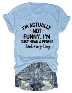 Casual women's light blue short sleeve t-shirt with funny slogan print for daily wear summer.