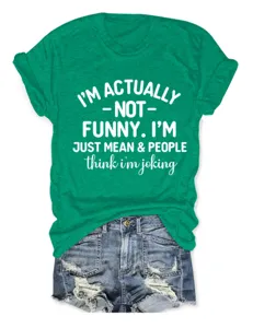 Green short sleeve t-shirt with funny slogan print, casual crew neck top for women daily wear.