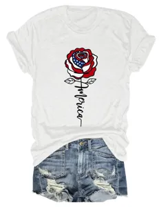 Women's casual short sleeve white t-shirt featuring patriotic rose graphic and denim shorts.