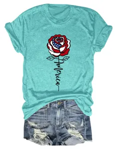 Casual women's turquoise short sleeve t-shirt featuring American flag rose graphic design.