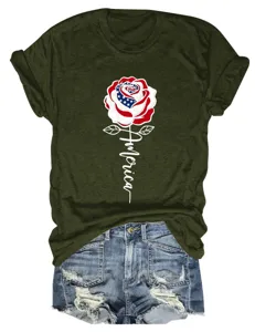 Army green women short sleeve t-shirt with US flag rose graphic and America text print.