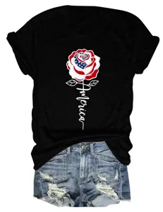 Casual fashion women short sleeve t shirt with america flag rose print detail design.