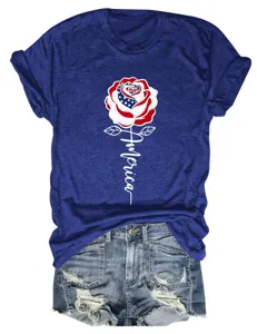 Women short sleeve t-shirt casual royal blue tee with American flag rose graphic top.
