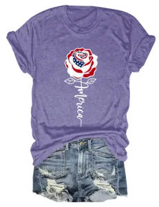 Detail view of women casual purple short sleeve t-shirt with American flag rose graphic.