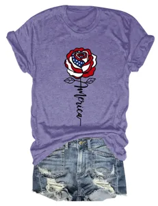 Women casual short sleeve t-shirt with American flag rose graphic and America letter print.
