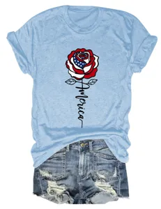 Women's casual short sleeve T-shirt featuring a patriotic American flag rose graphic print.