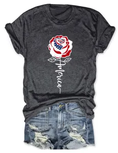 Women graphic short sleeve t shirt with US flag rose print casual summer grey top tee