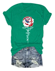 Casual green women short sleeve t-shirt with US flag rose America graphic detail view
