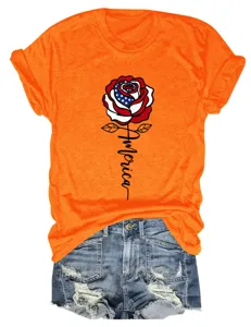 Casual women short sleeve t-shirt with US flag rose print and denim shorts outfit detail.