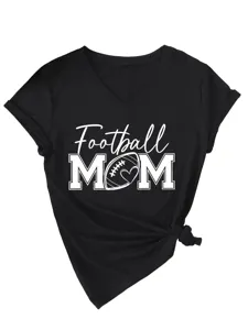 Γυναικείο μαύρο v-neck t-shirt με κοντό μανίκι και τύπωμα football mom casual τοπ