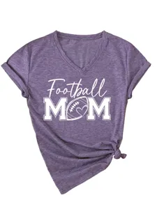 Γυναικείο Casual V-Neck Κοντομάνικο T-Shirt Football Mom Μωβ Melange Μπλούζα Λεπτομέρεια