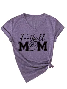 Γυναικείο Fashion Football Μητέρα V-Neck Κοντό Μανίκι T-Shirt Casual Sport Μωβ Top