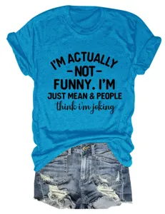 Casual women's short-sleeve round-neck blue t-shirt with funny letter print and denim shorts.