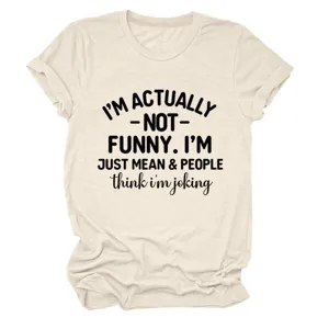 Casual women's round neck short sleeve t-shirt with funny quote print casual beige top