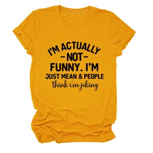 Women's casual short sleeve t-shirt with funny slogan print, comfortable cotton top.