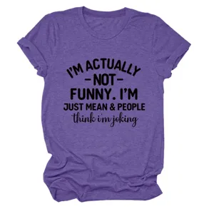 Close up detail view of purple short sleeve t-shirt with funny text print on front.