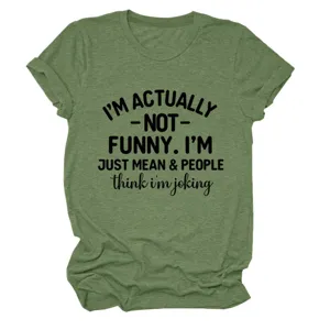 Close-up detail of olive green short sleeve t-shirt with funny quote text print front.