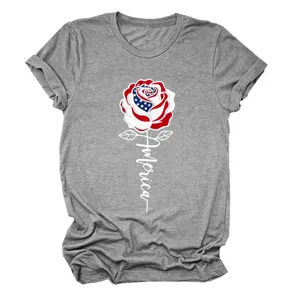 Casual women gray short sleeve t shirt with america flag rose graphic print round neck top