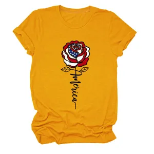 Women casual golden short sleeve t-shirt with American flag rose graphic print top.