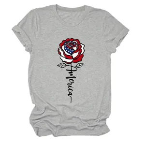 Detailed view of the casual grey graphic t-shirt featuring an American flag rose print.