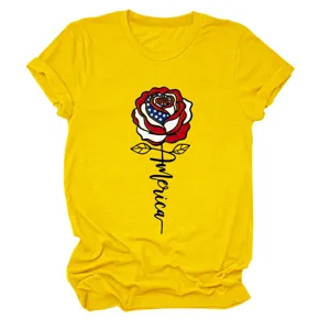 Detailed view of women's yellow short sleeve T-shirt featuring American flag rose design.