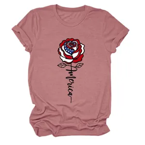 Women's casual round neck short sleeve t-shirt with American flag rose graphic print.