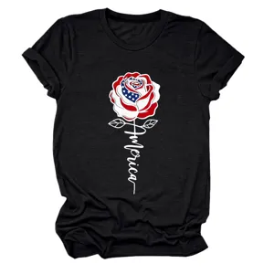 Women's short sleeve black t-shirt featuring a patriotic American flag rose graphic design.