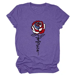 Women's casual heather purple short sleeve t-shirt with American flag rose graphic.