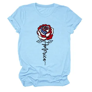 Close-up detail of light blue women short sleeve t-shirt featuring American flag rose print.