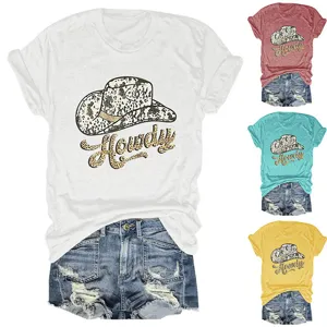 Women casual short sleeve t-shirt featuring a stylish cowboy hat and howdy graphic print.