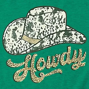 Green women short sleeve t-shirt detail featuring stylish western cowboy hat and leopard text.