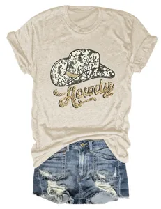 Casual women's short sleeve t-shirt featuring a trendy howdy cowboy hat graphic design.