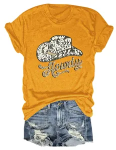 Women Casual Howdy Leopard Print Short Sleeve T-Shirt Summer Round Neck Tee Tops New
