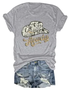 Casual grey women short sleeve t-shirt featuring stylish western cowboy hat and howdy letter print.