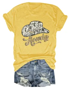 Casual yellow short sleeve T-shirt with howdy graphic detail and denim shorts match.