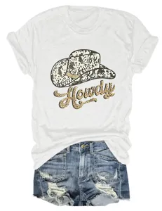 Women's short sleeve T-shirt with cowboy hat leopard Howdy print casual summer top.
