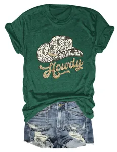 Casual dark green women's short sleeve t-shirt featuring a chic western cowboy hat and howdy print.