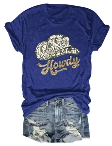 Women casual short sleeve crewneck t-shirt featuring a trendy western cowboy hat and howdy graphic design.