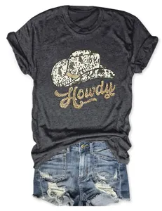 Women's casual short sleeve t-shirt with western cowboy hat howdy print and denim shorts.