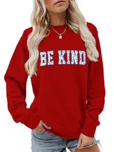 Felpa rossa casual da donna con stampa di lettere floreali blu be kind per autunno.