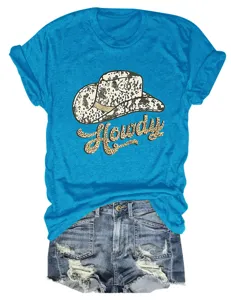 Close-up detail of casual women's blue short sleeve t-shirt with cute howdy cowboy hat graphic.