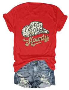 Casual red short sleeve t-shirt with cute howdy cowboy hat graphic and denim shorts set.